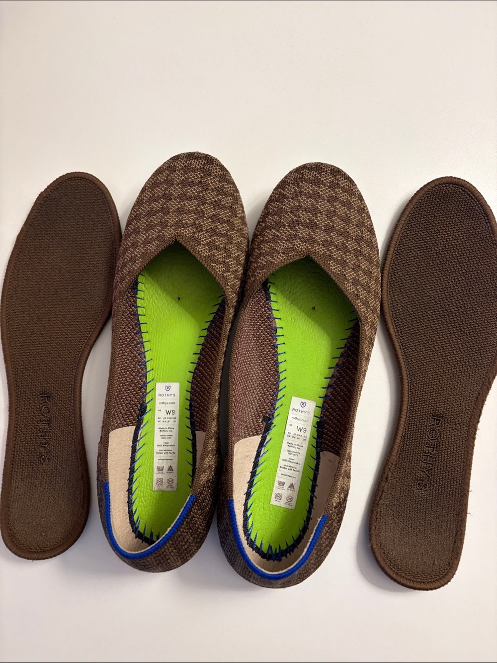 Rothy's Houndstooth Brown Knit Ballet Flats with Lime Green Insole